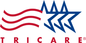 TRICARE logo with three blue stars and three red stripes above the word “TRICARE” in red capital letters.
