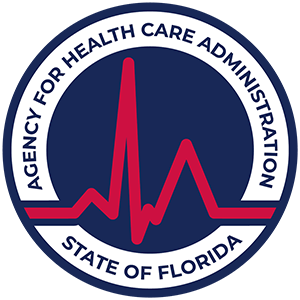 Circular logo for the Agency for Health Care Administration, State of Florida, featuring a red heartbeat line on a blue background.