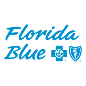 Florida Blue logo with blue script text and Blue Cross and Blue Shield symbols.