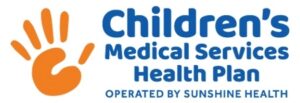 Children’s Medical Services Health Plan logo with an orange handprint graphic, blue text, and the phrase “Operated by Sunshine Health” underneath.