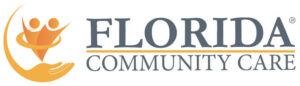 Florida Community Care logo with stylized orange figures embraced by a hand on the left and the organization name in bold gray and orange text on the right.